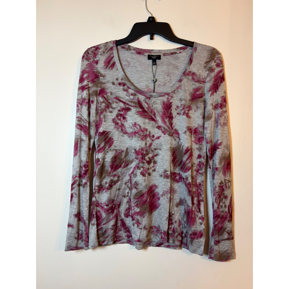 Talbots Top Womens PS New Grey Magenta Abstract Floral Scoop Neck Long Sleeve